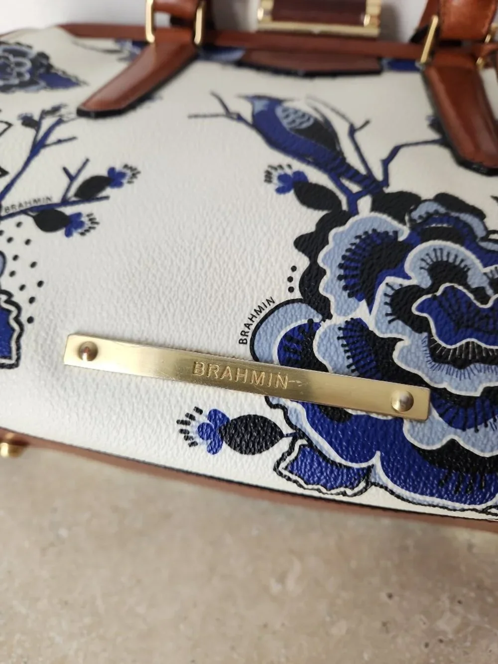 Brahmin Frame Satchel Blue Delft floral birds print hand bag classic rare - Picture 10 of 16